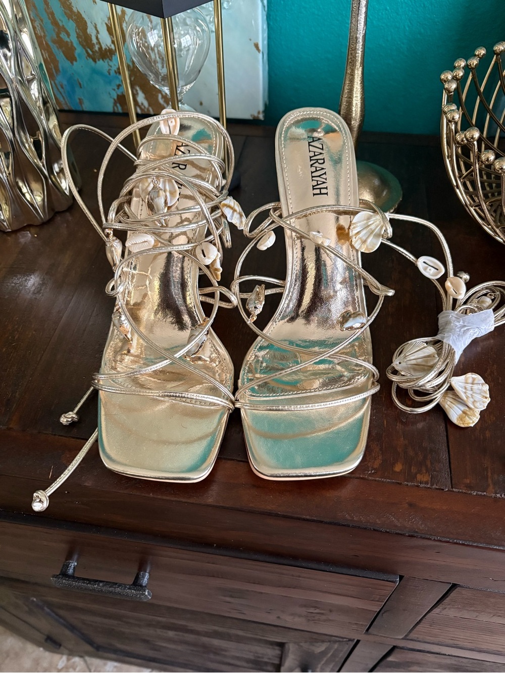 Zara Gold Lace-Up Shell-Embellished Heeled Sandals
